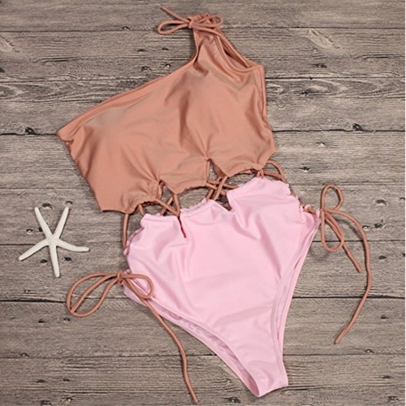 Two Tone One Shoulder One Piece Swimsuit - Picture 2 of 5